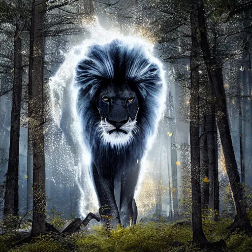 Image similar to epic photography of black lion with gold lightnings in the fur in the middle of the ancient forest , colossal scale, photorealistic, high details, intricate by Nick Nichols and Evgeniy Antonenkov