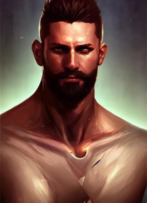 Prompt: « a portrait of a muscular cyberpunk male warrior, short beard, a digital painting by charlie bowater, featured on cgsociety, fantasy art, behance hd, wiccan, artstation hd »