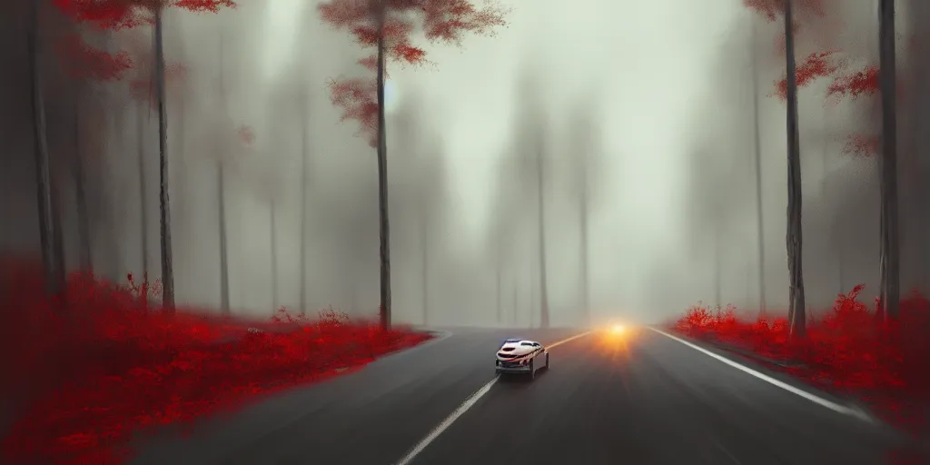 Prompt: concept art, of [ white red paper cup ] on empty road, very close shot!!! forest behind!!, detailed, dark concept art, dark skies painting by wlop, nixeu and greg rutkowski, beautiful, semirealism, artstation, octane render, oil painting, sharpness, 8 k, golden ratio