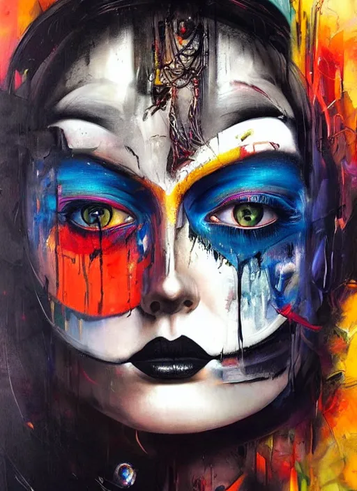 Image similar to abstract expressionist tripping magic cult psychic woman, painted face, third eye, energetic consciousness psychedelic, epic surrealism expressionism symbolism, story telling, iconic, dark robed, oil painting, symmetrical face, dark myth mythos, by sandra chevrier, bruce pennington, joan mitchell masterpiece