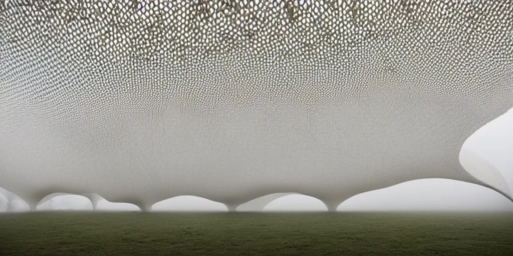 Image similar to white honeycomb organic building by ernesto neto sits on the field in low fog, light - mint with light - pink color, 4 k, insanely quality, highly detailed, film still from the movie directed by denis villeneuve with art direction by zdzisław beksinski, telephoto lens, shallow depth of field