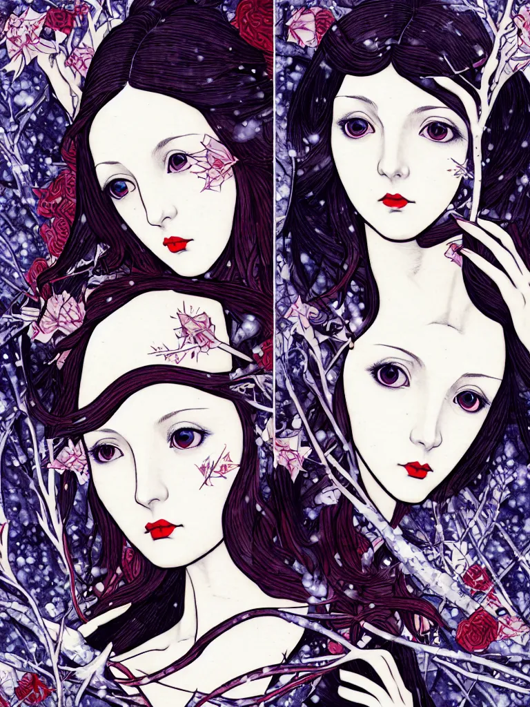 Prompt: triad of winter muses as december, january, and february, style mix of æon flux, shepard fairey, botticelli, ivan bilibin, john singer sargent, pre - raphaelite, shoujo manga, harajuku fashion, dormant nature, snow, ice, stark colors, superfine inking, ethereal, 4 k photorealistic, arnold render