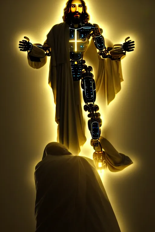 Image similar to god of artificial intelligence comes to save us as jesus christ robot, threads of light in the background, extremely high quality artwork, very detailed, obscured face, anthropomorphic silhouette, trending on artstation