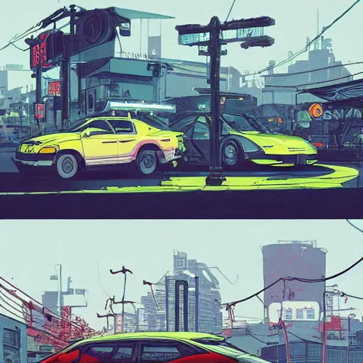 Image similar to Masamune Shirow simon stalenhag exterior armored honda civic crx street neo tokyo cyberpunk. ian mcque ink calligraphy art James Gilleard.