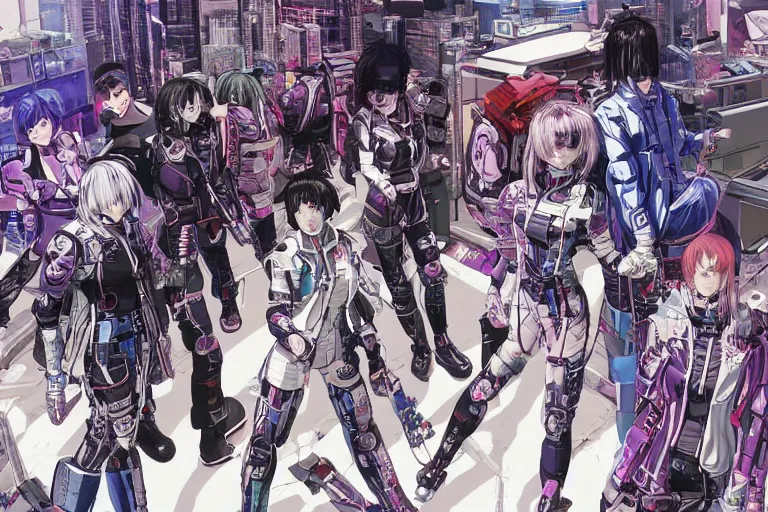 Image similar to a cyberpunk illustration of a group of super-coherent female androids dressed in seifuku in style of masamune shirow, lying scattered across an empty, white floor with their bodies rotated in different poses and cables and wires coming out, by yukito kishiro and katsuhiro otomo, hyper-detailed, intricate, view from above, colorful