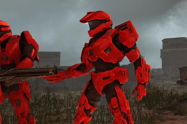 Image similar to halo 3 post - apocalyptic, red spartan, ingame render
