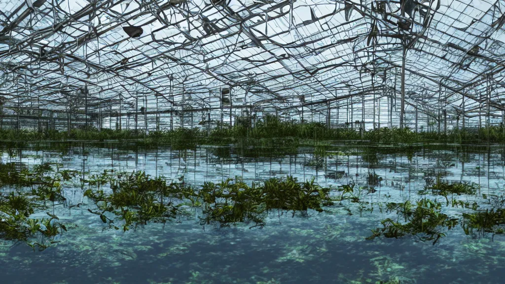 Image similar to exploring an abandoned flooded greenhouse, submerged in lake with aquatic life, hyperrealistic, ambient lighting highly detailed, 4 k hd