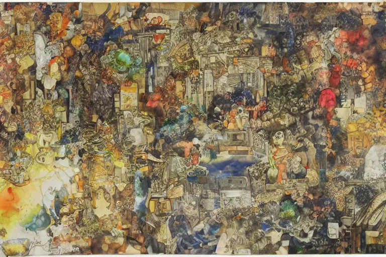 Image similar to an elaborate and dense painting of the future, made of alcohol ink on parchment