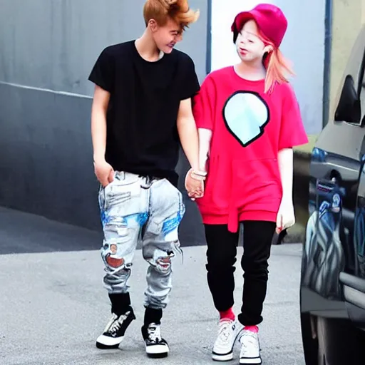 Prompt: justin bieber holding hands with Dahyun. They're So SO SO in love. paparazzi photo.