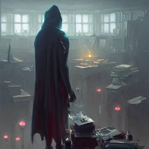 Image similar to mindflayer working in an office with few on the city, oil painting, by greg rutkowski