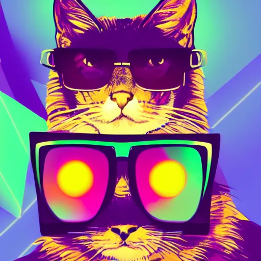 Prompt: high quality photo of cat in sunglasses and hoodie at the laptop, digital art, polygonal art, cyberpunk, synthwave
