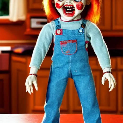 Prompt: chucky the killer doll standing on the kitchen table