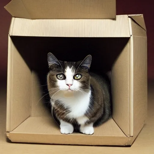 Image similar to schodingers cat inside the box in a quantum state, real life