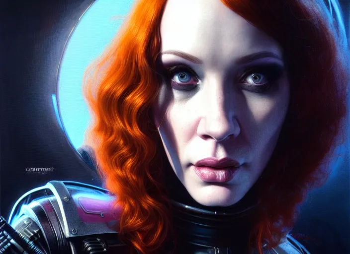 Image similar to portrait shot of a christina hendricks wearing cyberpunk clothing in cyberpunk 2 0 7 7, intricate, elegant, highly detailed, centered, digital painting, artstation, concept art, smooth, sharp focus, illustration, artgerm, tomasz alen kopera, peter mohrbacher, donato giancola, joseph christian leyendecker, wlop, boris vallejo