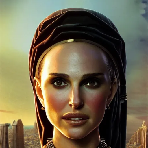 Prompt: closeup portrait of natalie portman as cleopatra, city background, dramatic light, gorgeous view, depth, high detail, digital art, painted by greg rutkowski and seb mckinnon, trending on artstation