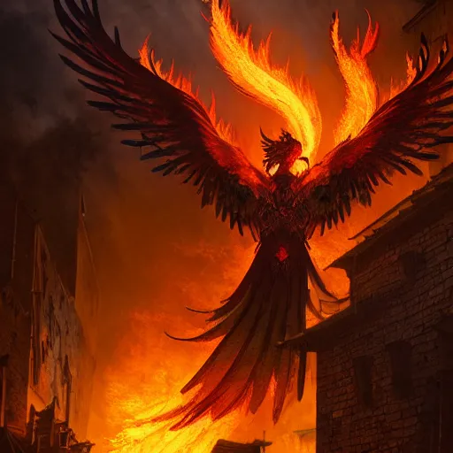 Image similar to Phoenix in fire flying through a medieval town by night, buildings in fire, dark, destruction, post-apocalyptic, DnD character, unreal engine, octane render, dramatic lighting, pond, digital art, by Stanley Artgerm Lau, greg rutkowski, thomas kindkade, alphonse mucha, loish, norman Rockwell