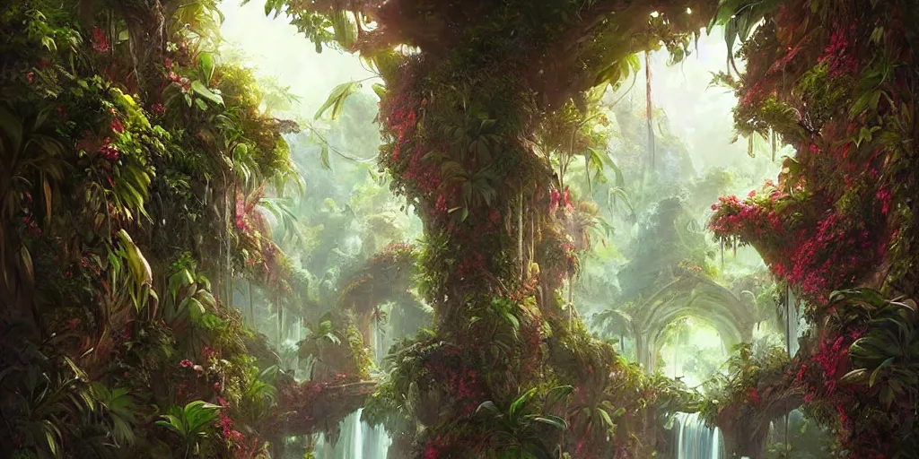 Prompt: Hidden tropical paradise, lush vines and flowers digital painting, art by greg rutkowski, artgerm