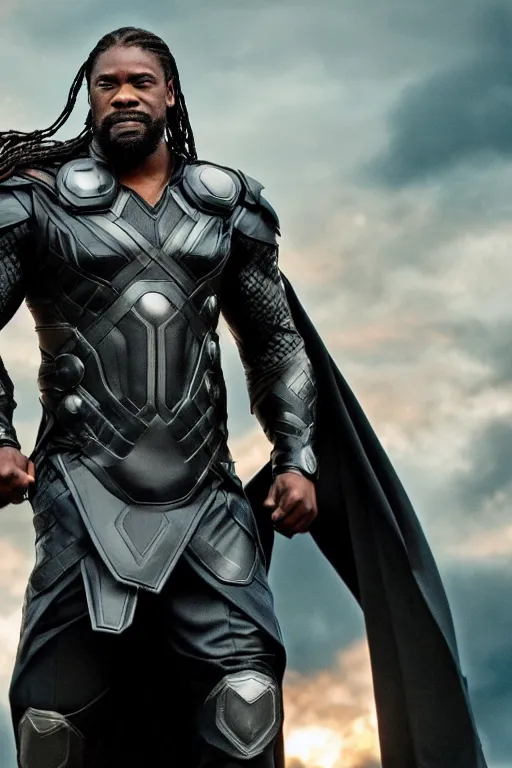 Prompt: A badass photo of black thor holding thor hammer weapon walking in a black thor movie, hyper detailed, award winning photography, perfect faces