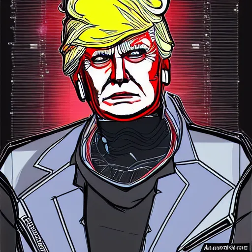 Prompt: cyberpunk robotic donald trump, sharp lines, digital, artstation, colored in