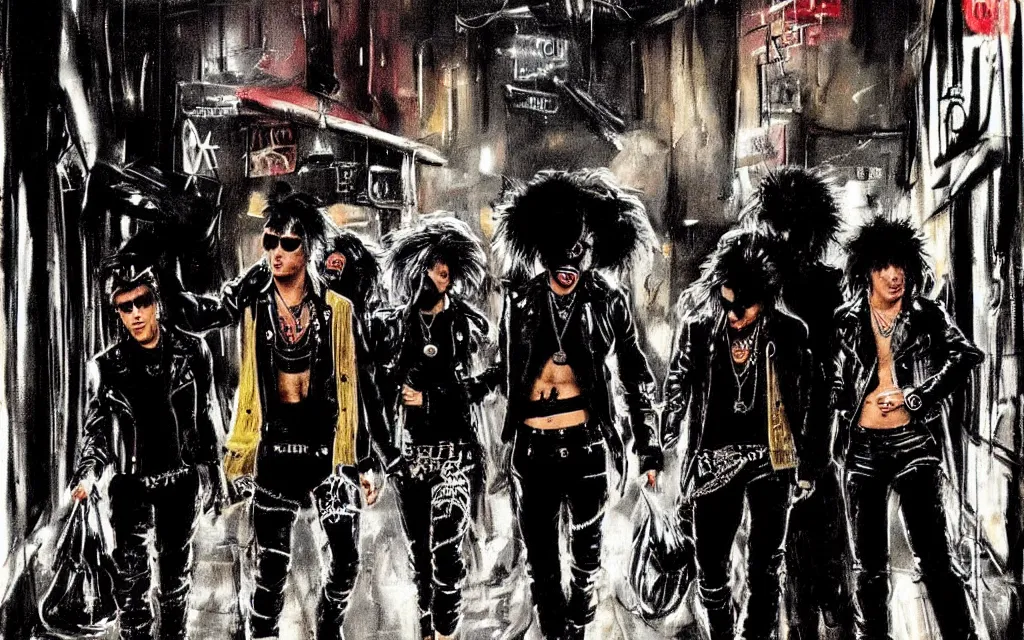 Prompt: !dream concept art, four glam rockers dressd as a mix of hooligans and whores, walking down a dark wet london alley at night, by ashley wood, by roger deakins, atmospheric