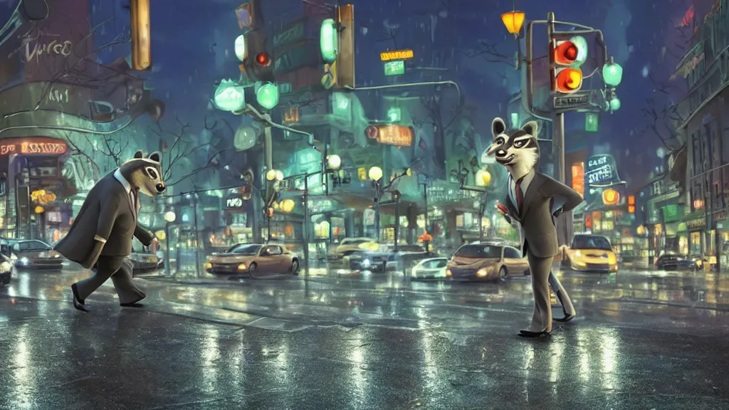 Prompt: A cute anthropomorphic raccoon businessman is walking down a busy crosswalk at in the rain at night, cold lighting with an blue glow coating the cityscape from the city lights, zootopia, other anthropomorphic characters are walking by him, extremely detailed, HDR, sideview, solemn and moody, many cars and animal people in the background, detailed face and eyes, large eyes with visible pupils, the road is wet with many rain puddles, reflections from the water on the ground, he is carrying a black briefcase, depressing feelings, sadness, expressive face