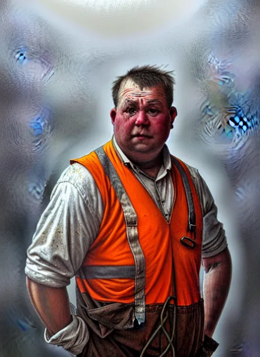 Prompt: a russian railroad electrician!!!, male!!, wearing orange vest!!, siberia!!, portrait, dirty, fat, ugly, intricate, elegant, highly detailed, digital painting, artstation, concept art, wallpaper, smooth, sharp focus, illustration, art by artgerm and greg rutkowski and alphonse mucha