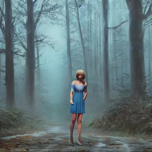 Prompt: taylor swift holding her hand out for you to hold, long hair with bangs, Crystal clear blue eyes, full-body-shot, beautiful fog lit forest backround, oil colors, elegant, sharp focus, cute face, Hyper-realistic, Highly Detailed, HD, Dramatic Lighting by Brom, by beeple, studio ghibli, wallpaper, highly detailed, trending on artstation