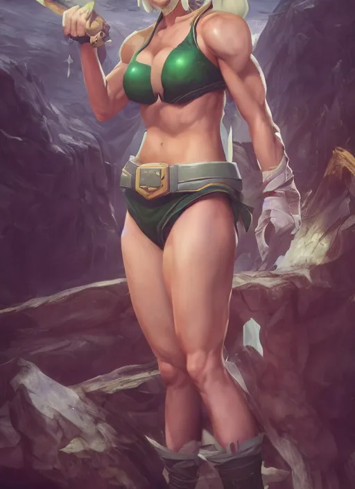 Image similar to riven from league of legends, with abs, au naturel, hyper detailed, digital art, trending in artstation, cinematic lighting, studio quality, smooth render, unreal engine 5 rendered, octane rendered, art style by klimt and nixeu and ian sprigger and wlop and krenz cushart