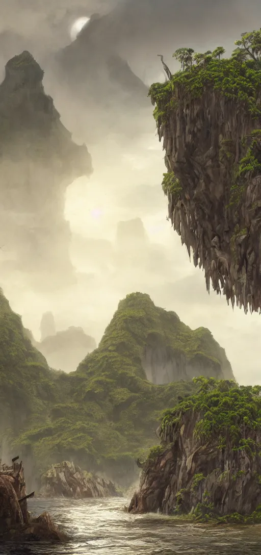 Image similar to skull Island, wooden fortress wall on a tropical island with ruff shore cliffs,landscape, raphael lacoste, eddie mendoza, alex ross, john howe, concept art, matte painting, highly detailed, rule of thirds, dynamic lighting, cinematic, detailed, denoised, centerd, clean render