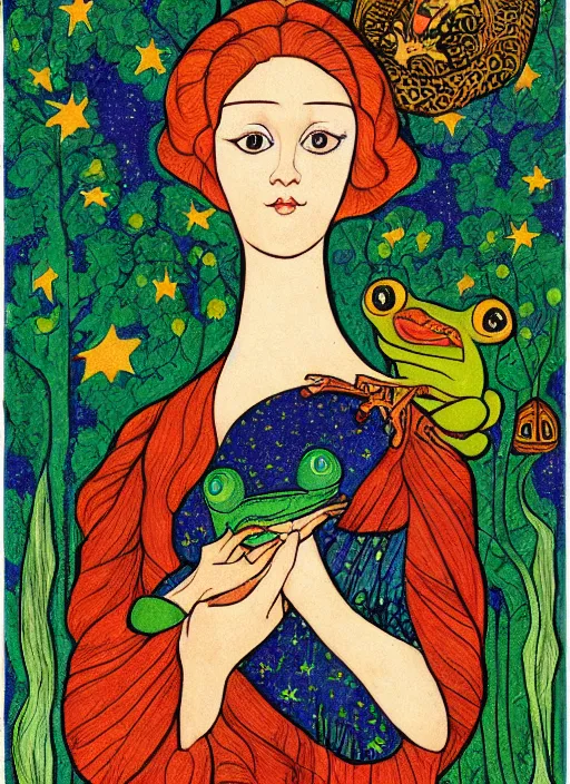 Image similar to portrait of a young woman holding a frog ; forest ; moon and stars ; slavic tale ; ivan bilibin style ; 8 k ;