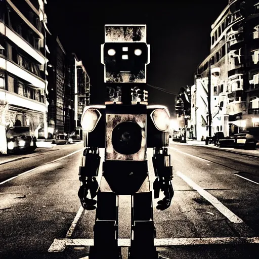 Prompt: giant robot at night, humanoid, eyes, historical photo, grainy, vintage, stark light, dramatic lighting, evil smile, street at night, cars in the background, trash on the ground, night sky, scary, evil