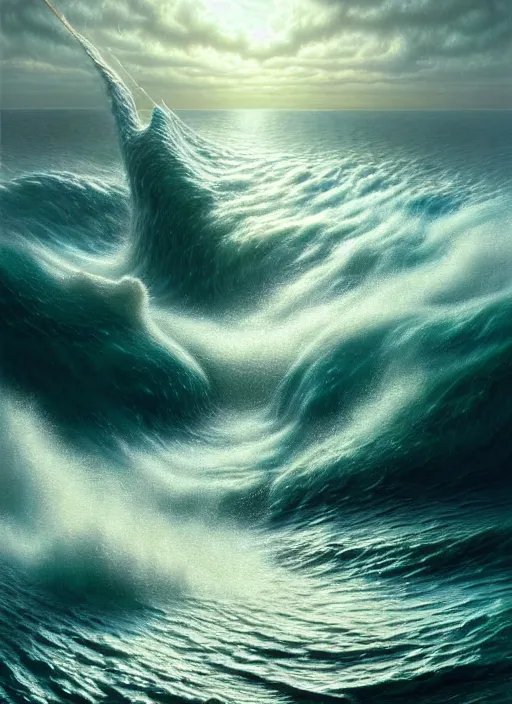 Prompt: a hyper - detailed 3 d render like a oil painting of aquatic animals cresting and crashing tidal waves, surrealism!!!!! surreal concept art, lifelike, photorealistic, digital painting, aesthetic, smooth, sharp focus, artstation hd, by greg rutkowski, bruce pennington, valentina remenar and asher duran,