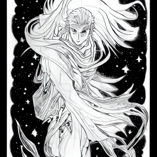 Image similar to black and white pen and ink!!!!!!! Yoshitaka Amano designed Guy Madison wearing cosmic space robes made of stars final form flowing royal hair golden!!!! Vagabond!!!!!!!! floating magic swordsman!!!! glides through a beautiful!!!!!!! Camellia!!!! Tsubaki!!! death-flower!!!! battlefield dramatic esoteric!!!!!! Long hair flowing dancing illustrated in high detail!!!!!!!! by Moebius and Hiroya Oku!!!!!!!!! graphic novel published on 2049 award winning!!!! full body portrait!!!!! action exposition manga panel black and white Shonen Jump issue by David Lynch eraserhead and beautiful line art Hirohiko Araki!! Rossetti, Millais, Mucha, Kentaro Miura, Jojo's Bizzare Adventure!!