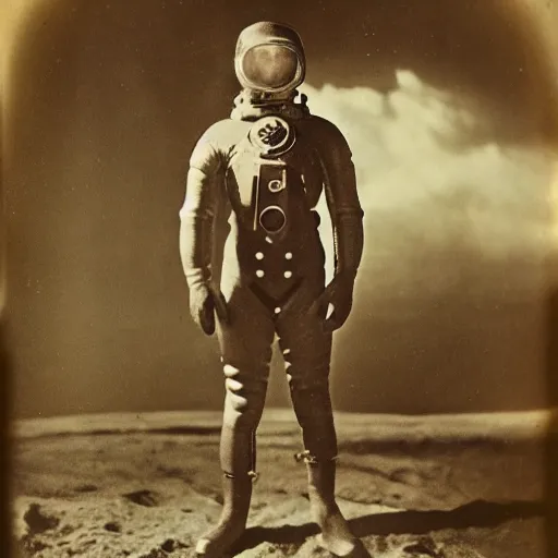 Image similar to detailed photo of a diver wearing an early diving suit on the moon holding an electric guitar. old diving suit. old diving suit photos. detailed. colorized