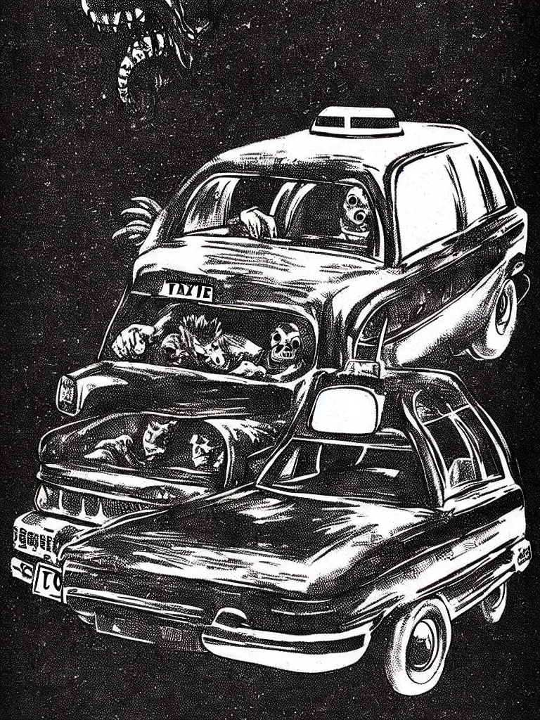 Image similar to Vintage Horror Illustration of a Blob Creature Consuming a Taxi Cab. Glowing , Spooky lighting , Pinterest