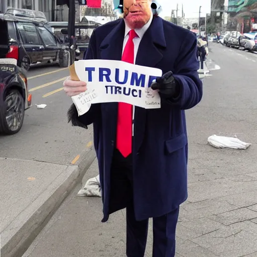 Image similar to donald trump dressed as a homeless man asking for money on the streets, detailed face