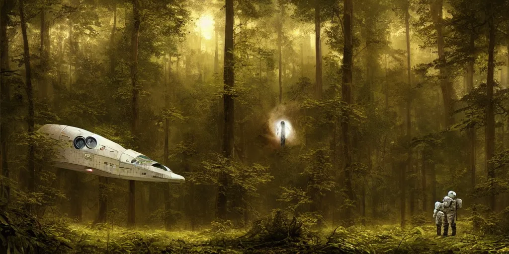 Image similar to an astronaut and a space ship in a forest, a detailed matte painting by frieke janssens, featured on cgsociety, space art, matte painting, matte drawing