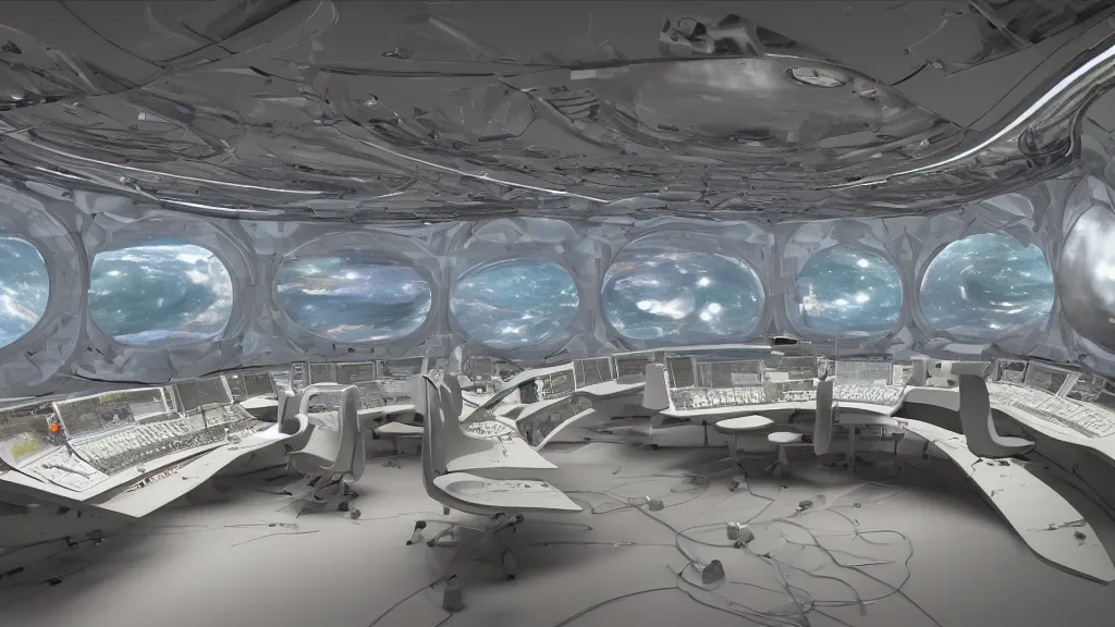 Prompt: a wide angle, utopian dreamy retrofuturistic spaceship control room, wabi - sabi, white smooth plastic walls, windows to celestial space by vincent callebaut and james jean and nikita replyanski and mark ryden, vray render 4 k