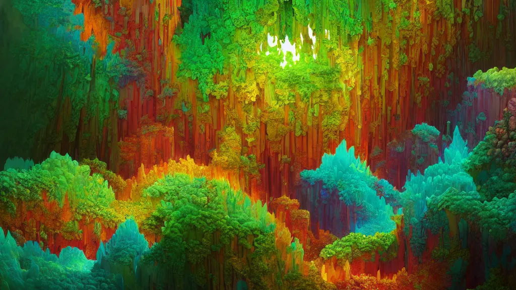 Prompt: a colourful digital painting of a glowing mandelbulb fractal forest by greg rutkowski, thomas kinkade and Julius Horsthuis. Trending on artstation. Trending on deviantart. Mandelbulb 3D.