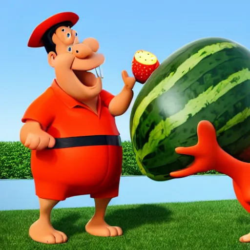 Image similar to Fred Flintstone dressed as a mailman planting a watermelon in an aca9demy, Sculpture, Hyperrealistic