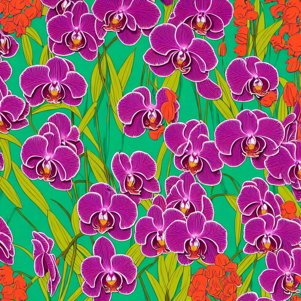 Prompt: colorful print of mokara vanda orchids bunched botanical artwork, multicolor lino block print with vignettes, created by mike mignola, greg hildebrandt, banksy in the style of painting toon shades, colorful ink, vibrant, pastel, color vector, smooth curves, graphical, detailed, trending in art station