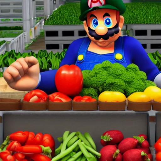 Prompt: game character mario selling vegetables on a farmer's market, morning, photorealistic