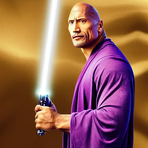 Image similar to dwayne johnson with a purple lightsaber in brown robes