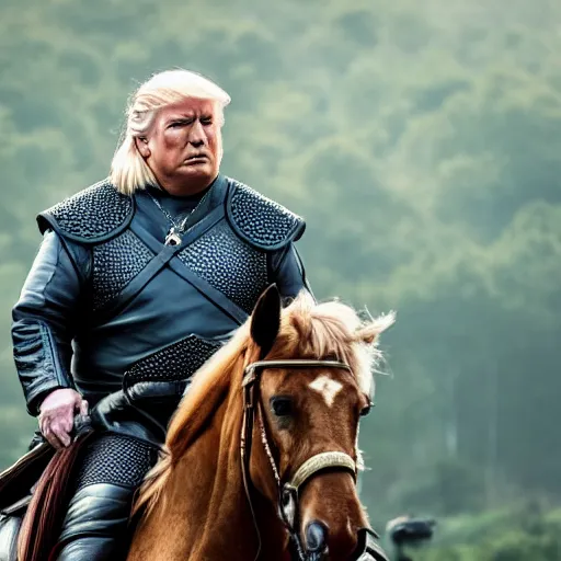 Image similar to fat version of donald trump riding a horse as geralt of rivia from the witcher movie, dramatic film still, details, sigma 7 5 mm, 4 k