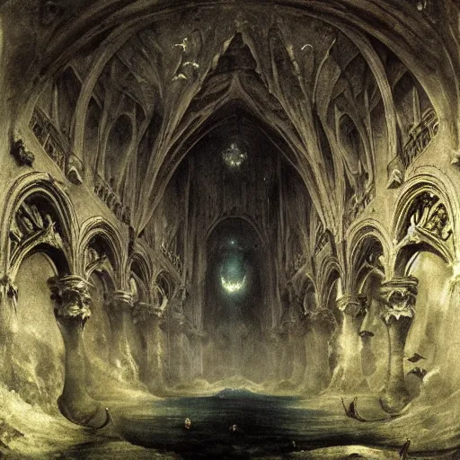 Prompt: an underwater gothic cathedral at the bottom of the ocean populated by mermaids, in the style of arnold bocklin francisco goya william blake and kentaro miura, dark and scary abyssal ambient, utradetailed, matte painting, smooth zenithal lighting, epic masterpiece,