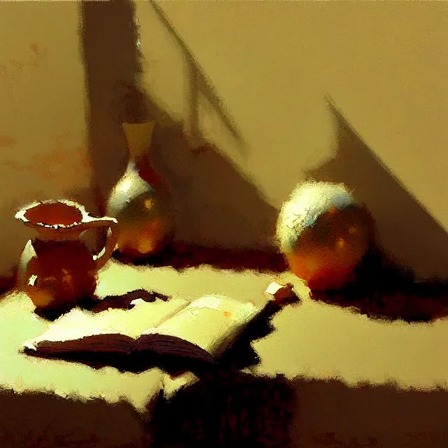 Prompt: a still life painting by Craig Mullins