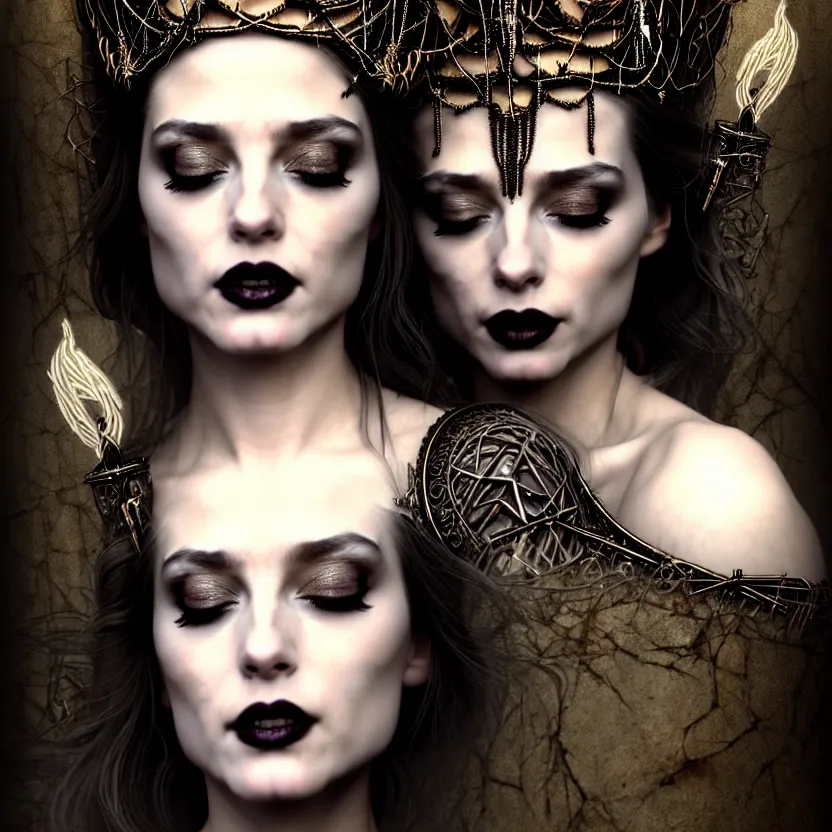 Image similar to mindblowing portrait of the enchantress queen, a stunning timeless beauty, breathtaking eyes, perfect skin, feathered eyelashes, royal gothic dress with a lot of leather, heavy silent hill aesthetic, incredibly intricate, digital art, blender, houdini & photoshop, very elegant & complex, hyper-maximalist, overdetailed, epic cinematic quality, biblical art lighting, photorealistic, lifelike, OLED, DSLR HDR 8k, face is the focus, facial feature symmetry, hyper composed, created by Nixeu & z--ed from deviantart