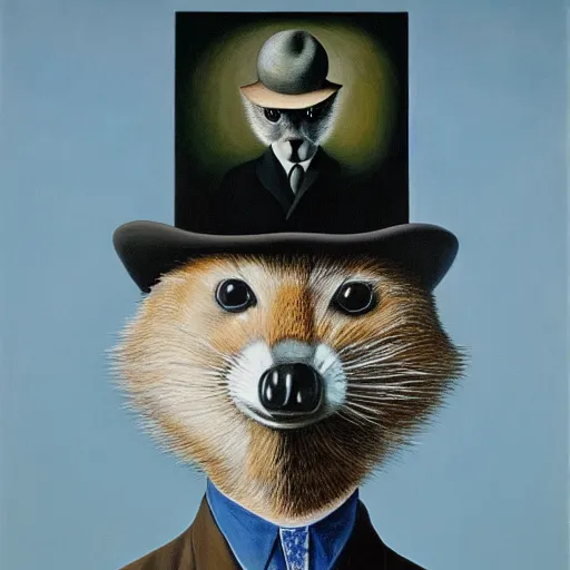 Prompt: a magritte painting masterpiece exposed in Paris : a racoon with a hat , This 4K HD image is Trending on Artstation, featured on Behance, well-rendered, extra crisp