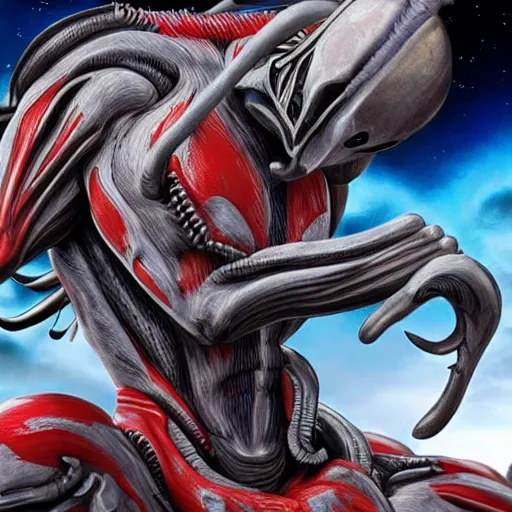 Image similar to Ultraman is digging on Xenomorph's back, digital art,high detailed,fine art,trending on Artstation.