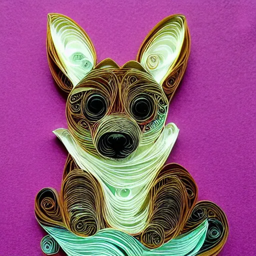 Prompt: intricate paper quilling of a corgi puppy, extremely cute, adorable, happy, swirls, spirals